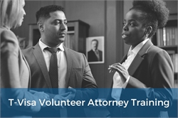 [ai] A monochrome image of three individuals engaged in discussion in a professional setting. A banner at the bottom states 'T-Visa Volunteer Attorney Training.' Shelves with books are visible in the background.